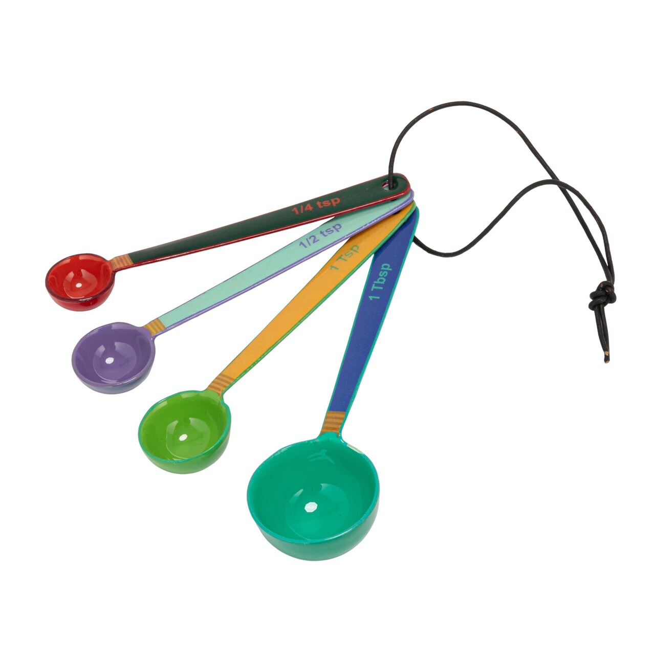 Hello Honey 4-Piece Enameled Stainless Steel Measuring Spoons with Colored Edges and Leather Tie, Multicolor